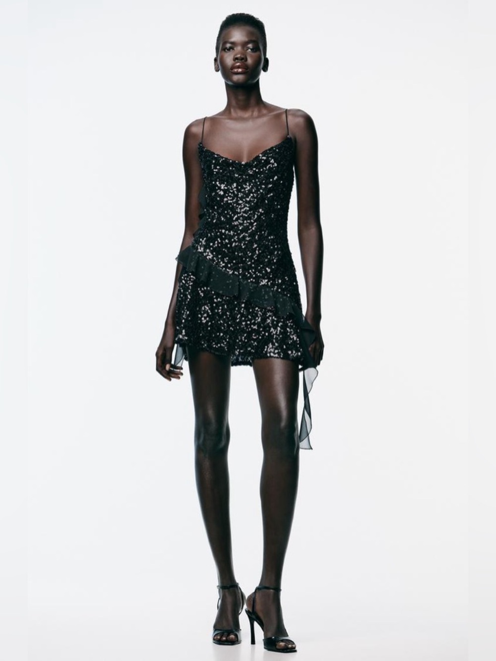 Zara NWT Black Sequin Ruffle Trim Mini Spaghetti Strap Dress (Size Large)